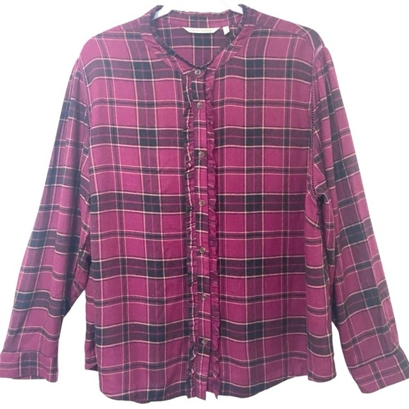 Soft Surroundings Burgundy, Red Plaid, Ruffle Front Button Up Flannel Relaxed - Picture 1 of 7